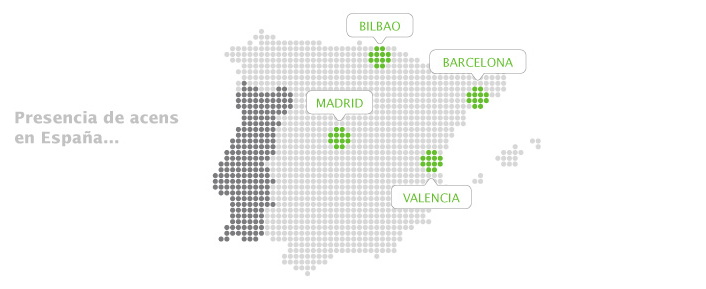 Presencia de acens en España: Barcelona, Bilbao, Madrid y Valencia